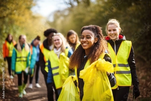 Fototapeta A diverse group of young people and volunteers, sporting bright vests, passionately participating in a community clean-up event, removing litter and plastics from a park.