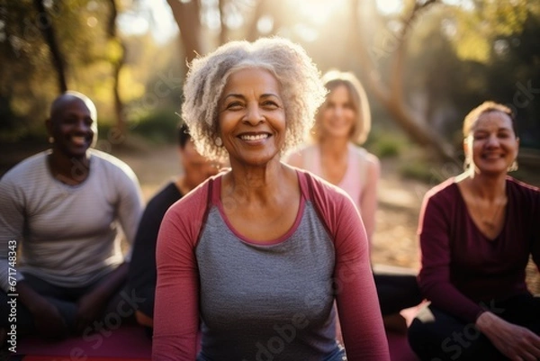 Fototapeta Elderly participants practicing outdoor yoga, assuming diverse postures, underscoring their commitment to health and harmony, evoking a feeling of serenity and resilience.