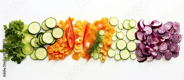 Fototapeta Vegetables of various kinds sliced and diced placed on a white backdrop