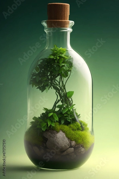 Fototapeta Small plant in a bottle with moss on green background. Ecology concept