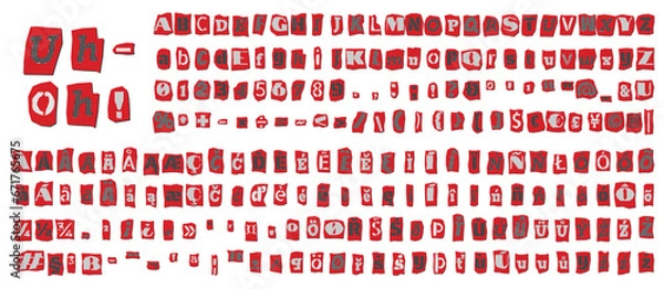 Fototapeta Ransom halftone collage style letters numbers and punctuation marks cut from newspapers and magazines. Vintage ABC collection. Red, black and white alphabet Typography vector illustration