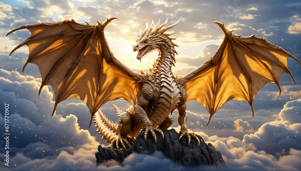 Obraz A mighty golden dragon sits on a mountaintop above the clouds.