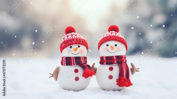 Fototapeta Winter holiday christmas background banner - Closeup of two cute funny laughing snowmen with red wool hat and scarf, on snowy snow snowscape