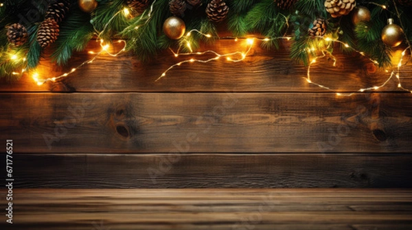 Fototapeta Decorations with Christmas tree branches, baubles and lights on wooden background.
