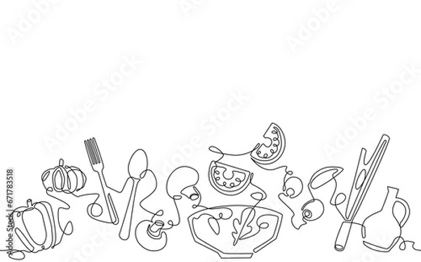 Fototapeta Salad preparation process. Background with food and utensils. Kitchen vector illustration. Horizontal pattern in continuous line drawing style on culinary theme.