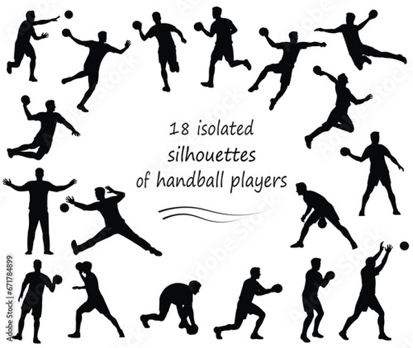 Obraz Set of 18 vector isolated silhouettes of handball players and goalkeepers jumping, running, throwing, catching the ball