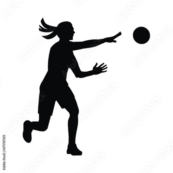 Obraz Black silhouette of a women's handball girl player who ran up and threw the ball at training session or a competition