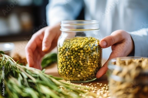Obraz Man Pouring Millet Seeds Captured in Raw Authenticity and Detailed Macro Photography