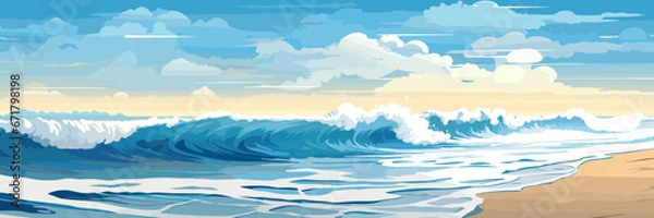 Fototapeta Sea beach landscape, ocean view panorama, sand wave and clouds, vector illustration background