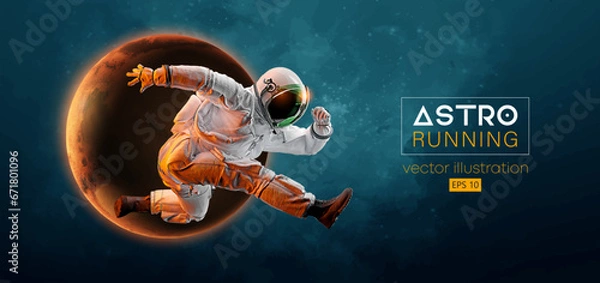 Obraz Abstract silhouette of a running athlete astronaut in space action and Earth, Mars, planets on the background of the space. Runner man are running sprint or marathon. Vector illustration