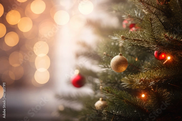 Fototapeta Christmas decoration. Red balls hanging on pine branches Christmas tree garland and ornaments over abstract bokeh background with copy space