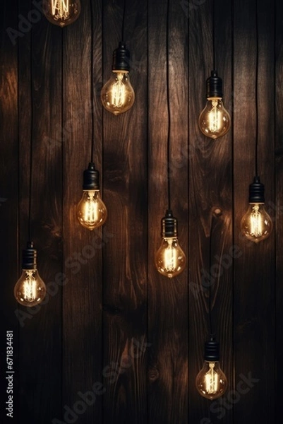 Fototapeta A collection of light bulbs hanging from a wooden wall. Perfect for adding a unique and industrial touch to any space.