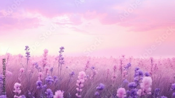 Fototapeta A breathtaking lavender field with soft shades of lilac and pastel pinks and blues. The blooming flowers sway in the gentle breeze, creating a tranquil and serene atmosphere. A picturesque landscape 