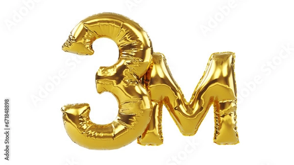 Fototapeta 3D render of golden number three million isolated on white background, eight Million Views, three million followers concept