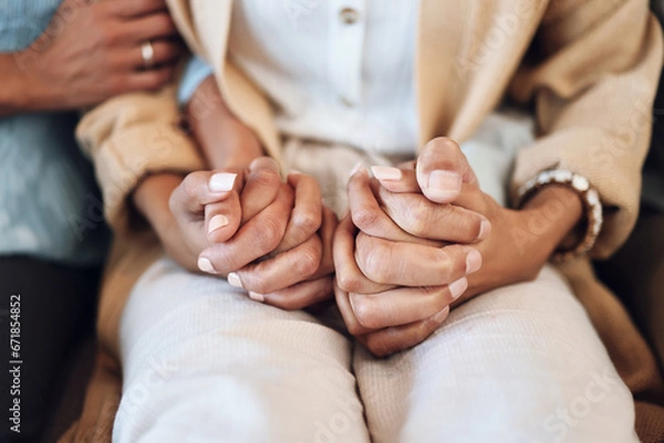 Fototapeta Holding hands, support and solidarity with trust, help and comfort with empathy, care and people together. Parents helping adult child, connection and love with relationship, commitment and zoom