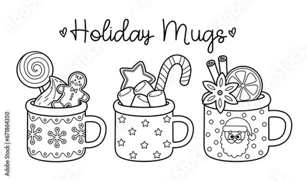 Fototapeta Outline cartoon Christmas cocoa mugs for holiday design. Xmas coffee cups with candy, gingerbread, cinnamon, marshmallow. Vector contour illustrations of New Year drinks perfect for coloring page.