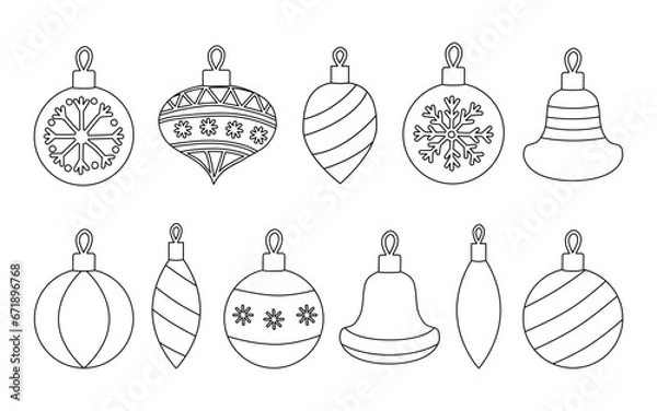 Obraz Big set of Christmas tree decoration toys, doodle style flat vector outline for coloring book