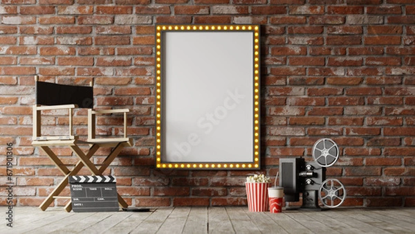 Obraz A movie poster with a light bulb at the edge is attached to the brick wall, 3d rendering