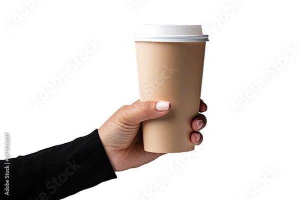 Fototapeta Hand holding paper coffee cup cut out transparent isolated on white background ,PNG file.
