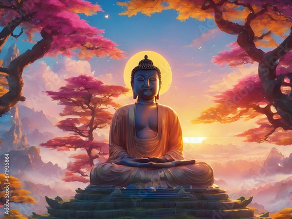 Obraz statue of buddha in the sunset