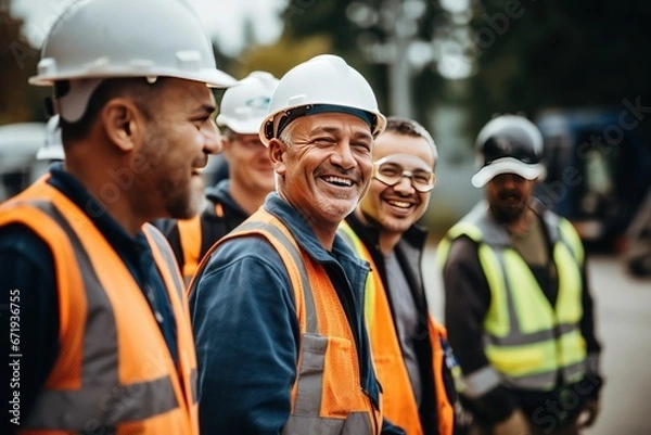 Fototapeta Men builders in reflective vests and helmets pose for photo smiling during work break. Cheerful workers friends in warm uniforms stand on construction site.