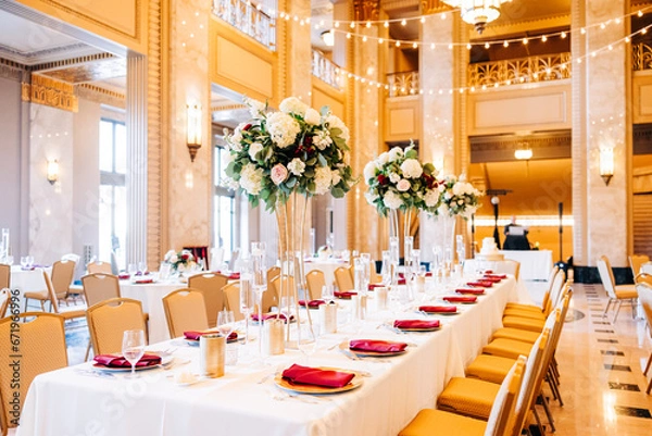 Obraz A beautiful art deco ballroom with string lights and set up for a wedding reception. A long table has red napkins and gold plates on a white tablecloth with beautiful flower arrangements
