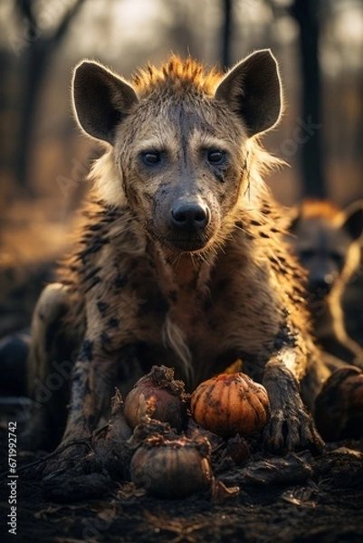 Fototapeta Group of hyenas scavenging a carcass in the wild, Generative AI