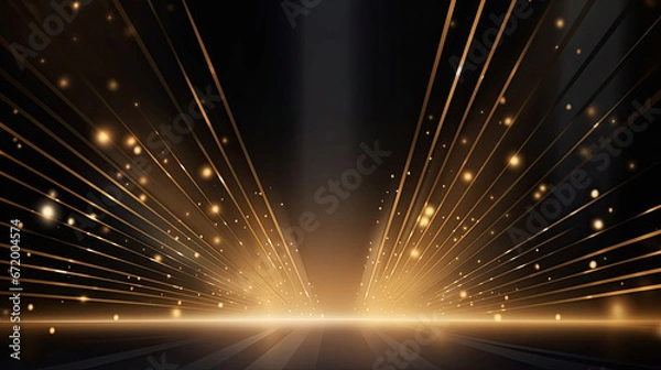 Fototapeta Luxury background with golden line decoration and light rays effects element with bokeh. Award ceremony design concept.