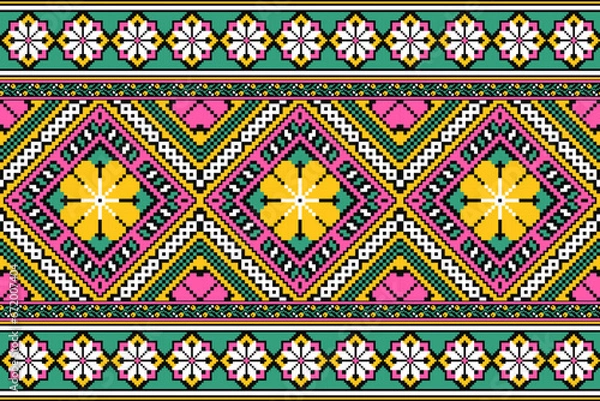 Fototapeta flower embroidery on black background. ikat and cross stitch geometric seamless pattern ethnic oriental traditional. Aztec style illustration design for carpet, wallpaper, clothing, wrapping, batik.