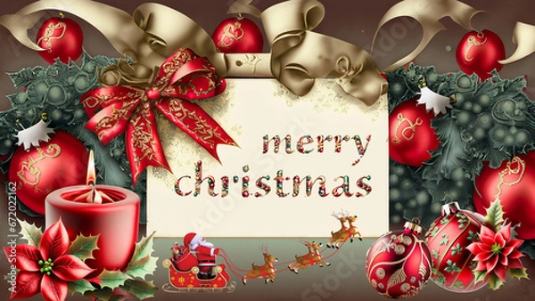 Fototapeta Merry Christmas text made of Christmas decorations, on a worn paper, surrounded by Christmas decorations, Santa Claus and her reindeer, and candles.