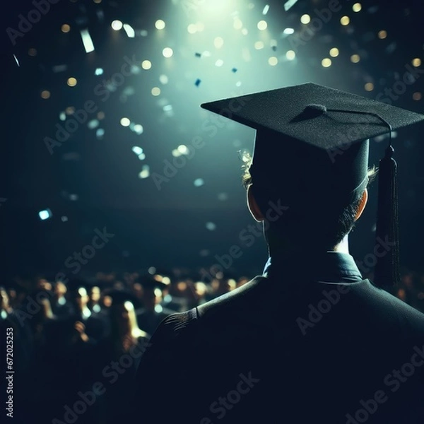 Fototapeta A graduate wearing a black cap and gown at a graduation ceremony, facing away from the camera and looking towards the stage