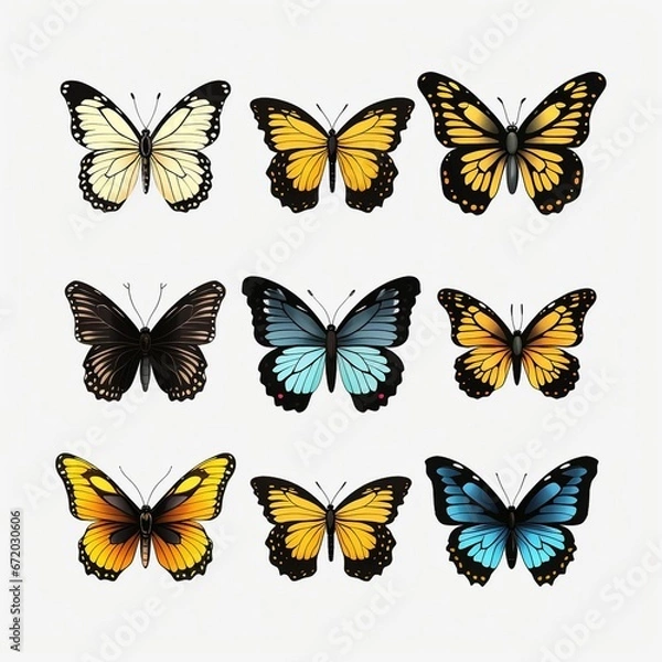 Obraz AI generated illustration of a set of cartoon colorful butterflies on a white background