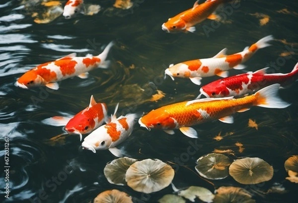 Obraz AI generated illustration of vibrant orange koi fish swimming in a pond surrounded by water lilies