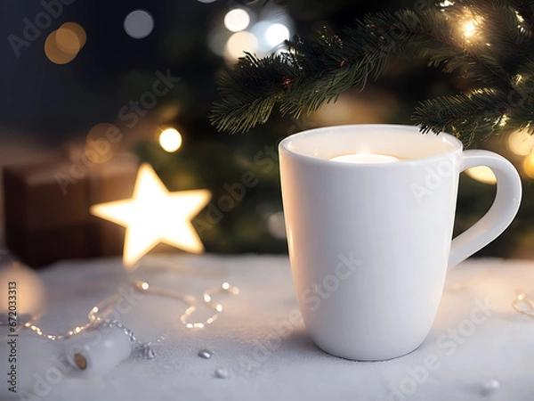 Fototapeta mockup cup of coffee with christmas decorations, generative Ai
