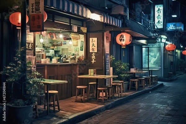 Obraz anime-inspired art style, Tokyo ramen shop glows warmly on a tranquil evening, with traditional Asian lofi architectural elements