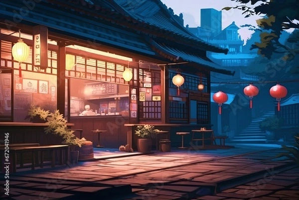 Obraz anime-inspired art style, Tokyo ramen shop glows warmly on a tranquil evening, with traditional Asian lofi architectural elements