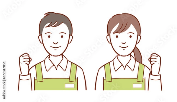 Obraz エプロンのユニフォーム姿の若い男女イラスト（店員や介護スタッフ・保育士など）