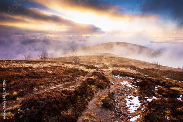 Obraz Tourist trail in in a beautiful sunrise over Summit of Hohneck in Vosges, Alsace.