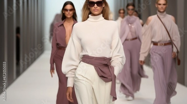 Fototapeta Female models walk the runway in different cloths in a row during a Fashion Show.