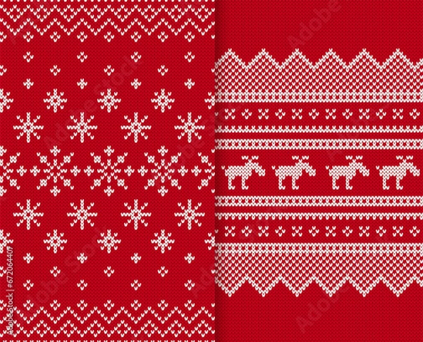 Fototapeta Knitted seamless textures. Knit Xmas print. Holiday background. Christmas red ornaments. Festive sweater border. Fair isle traditional frames. Vector illustration.