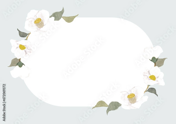 Obraz 水彩で描いた可愛い白椿フレーム　枠水色