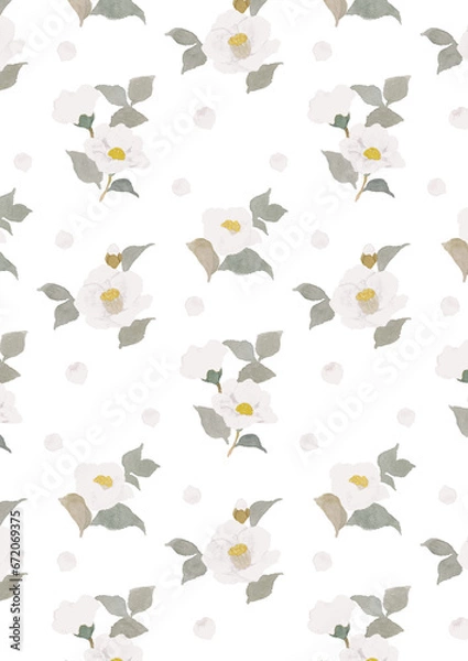 Obraz 水彩で描いた白い椿のシームレスパターン　透過背景