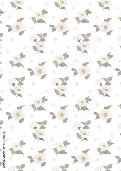 Obraz 水彩で描いた白い椿のシームレスパターン　透過背景