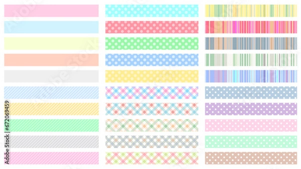 Obraz かわいいマスキングテープのイラストセット　水玉模様チェック柄ストライプ無地　シームレスパターンとしても使えます