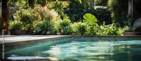 Obraz Residential backyard hosts an outdoor in ground pool accompanied by a hot tub surrounded by lush greenery on a bright and sunny day