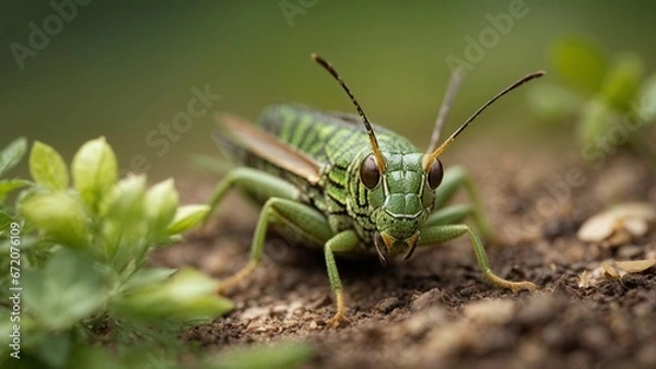 Fototapeta Close-up high-resolution image of a green grasshopper. Generative AI.