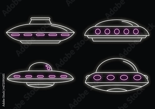 Fototapeta UFO spaceship icon set. Outline set of UFO spaceship vector icons neon color on black