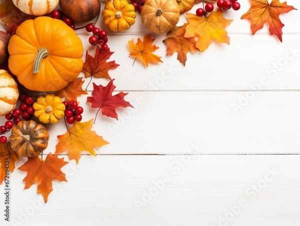 Fototapeta Top view of pumpkin, autumn leaves, berries on white wooden bacground. Festive thanksgiving concept