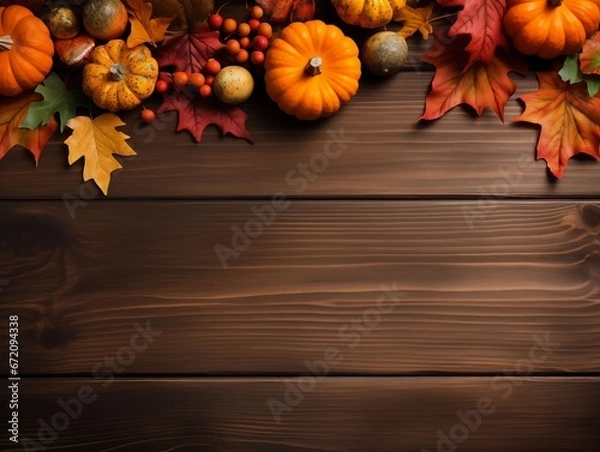Fototapeta Top view of pumpkin, autumn leaves, berries on rustic wooden bacground. Festive thanksgiving concept