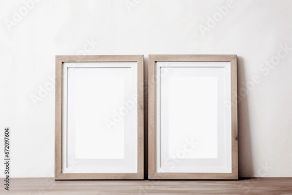 Fototapeta Two blank frames styled mockup photo, vertical, blank frame for art display, minimalist, clean, elegant, white background, wood frames